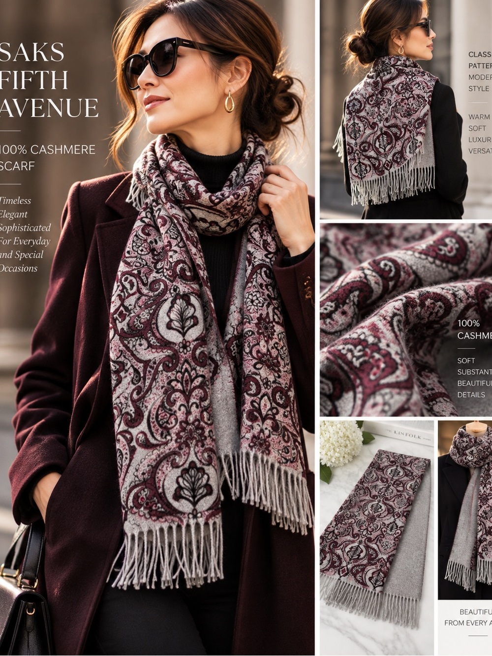 Saks Fifth Avenue 100% Cashmere Paisley Scarf Gray Burgundy Fringe